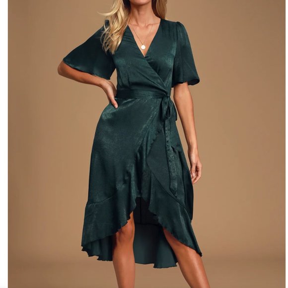 Lulus Dresses & Skirts - NWOT Lulu's Wrapped Up In Love Dark Green Satin Faux-Wrap Midi Dress Size M